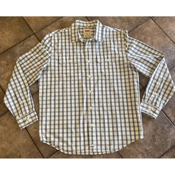 Levis Shirt Mens Large Gray Beig Plaid Short Sleeve Button Up Cotton Linen Blend - Picture 1 of 7